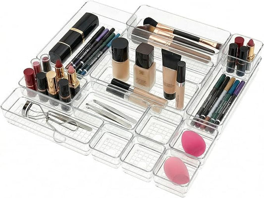 Clear Acrylic Makeup Organizer and Make Up Storage for Vanity - 4 Sizes Multi-layer Plastic Vanity Storage Organizer Bins and Drawer Divider Set - Makeup Drawer Organizer and Vanity Storage Bin