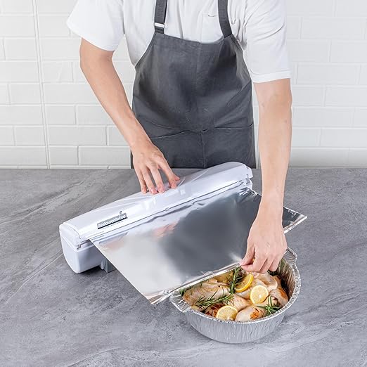 Restaurantware-RW Base Food Wrap Dispenser with Cutter, 1 Refillable Cling Wrap Dispenser - Fits 12” to 18” x 1000’ Rolls, Press Down and Cut, White Plastic Aluminum Foil, Sharp Blade