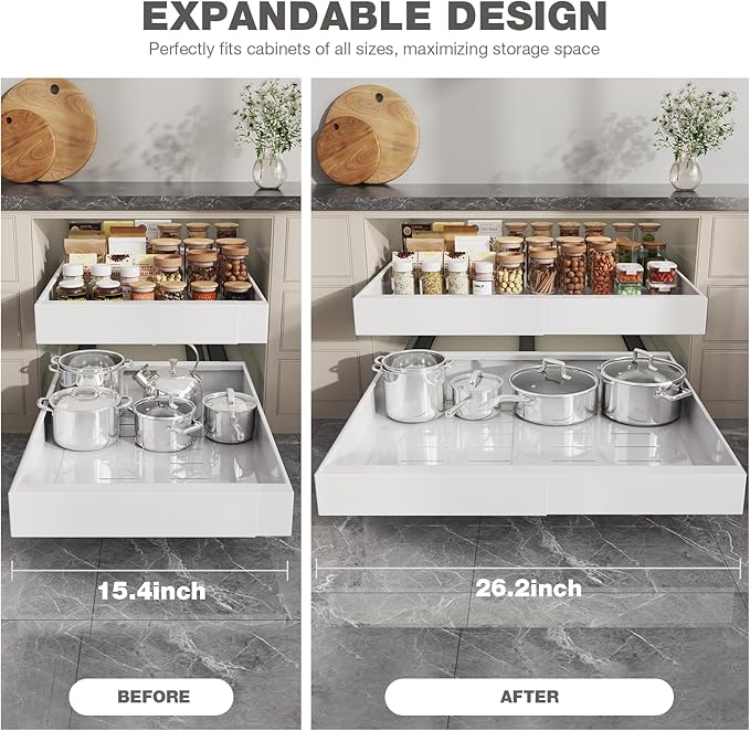 2 Pack Pull Out Cabinet Organizer 24" Deep,Full Extension 3 Slide Rails Slide Out Drawers With Raising Pad for Framed Cabinets,Expandable Width (15.4"-26.2"),No Drill Roll Out shelf,White