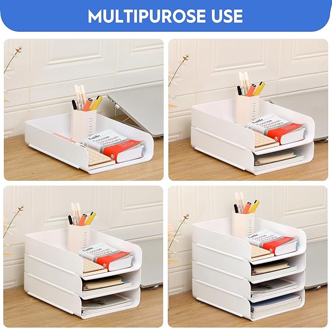 Desk Letter Tray Set of 2, Office Organization and Storage, PET Stackable Document Organizer for Notes, Pens, File Paper, White