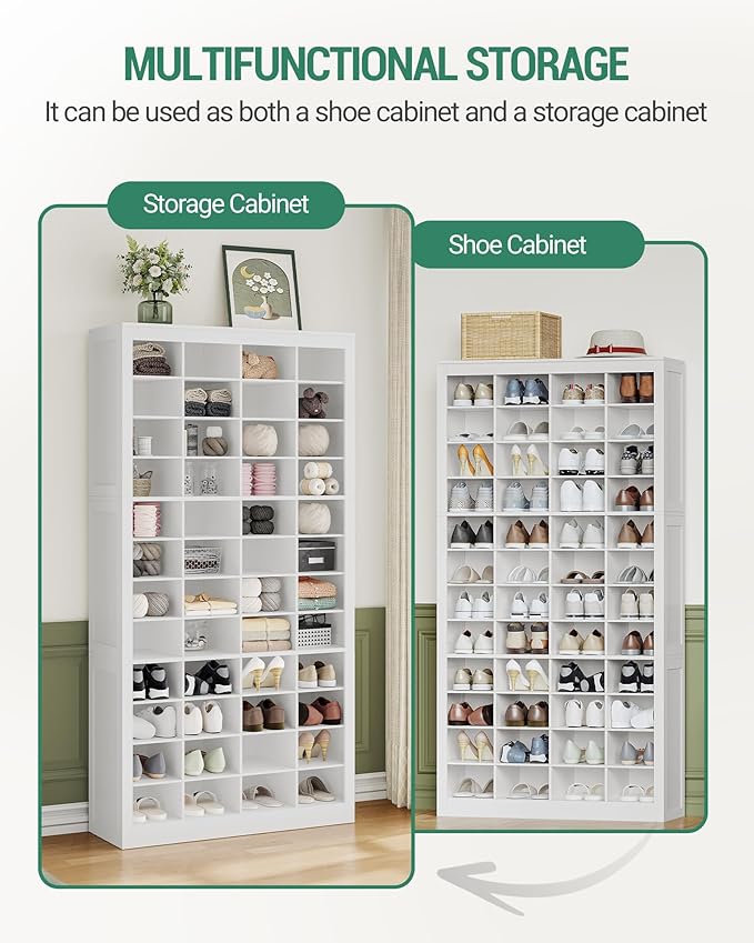 Shoe Storage Cabinet, 48 Pairs Free Standing Closet Organizer, 9 inch Widened Cell Wood Shoe Organizer, 12 Tiers Vertical Space Saving Shoe Rack for Entryway, Cloakroom, White SR39603X
