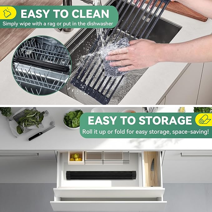 Roll Up Dish Drying Rack Over The Sink, Silicone Wrapped Stainless Steel Dish Drainer, Anti-Slip, Heat-Resistant, Multipurpose for Kitchen, 20.5”L×13”W Black