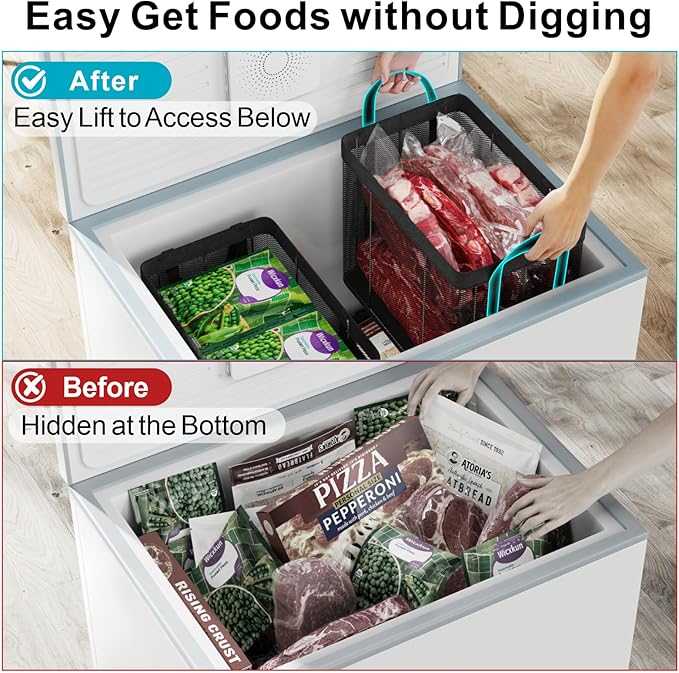 iSPECLE Deep Freezer Organizer Bins - 2 Pack Stackable Deep Freezer Organizer Bins for 5 to 7 Cu.Ft Chest Freezers Easily Access Pizza (≤12"), Faster Freezing Better Freshness, Black