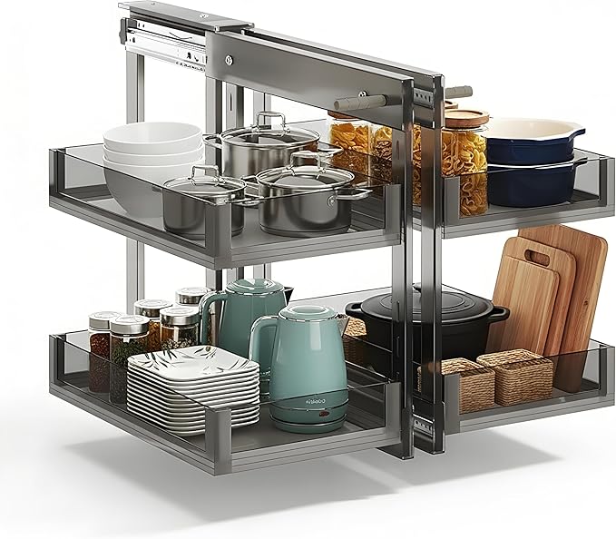 Blind Corner Cabinet Pull Out, Kitchen Corner Cabinet Organizer, 2 Tier 4 Basket Corner Optimizer, Left & Right Open Compatible, Kitchen Storage Shelf Gray For24.4 InteriorWidth