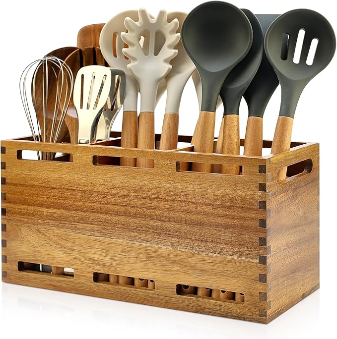 Extra Large Acacia Wood Utensil Holder for Kitchen Counter Decor Rustic Wooden Spatula Holders Cooking Utensils Organizer Countertop Silverware Caddy Spoon Kitchen Tool Holder Farmhouse Utensil Crock