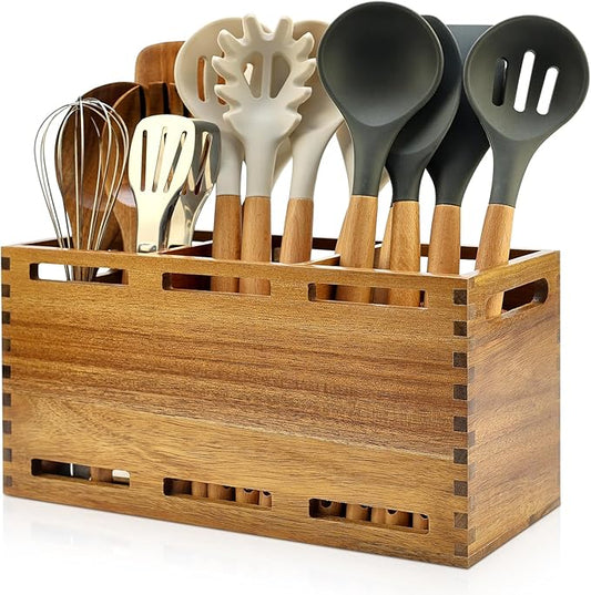Extra Large Acacia Wood Utensil Holder for Kitchen Counter Decor Rustic Wooden Spatula Holders Cooking Utensils Organizer Countertop Silverware Caddy Spoon Kitchen Tool Holder Farmhouse Utensil Crock
