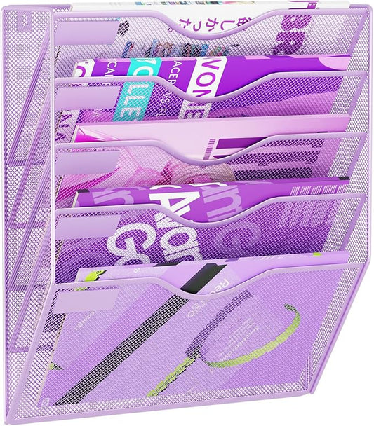 5 Pockets Hanging Wall File Organizer Mail Holder, Wall Mounted Paper Document Folder Holder, Clipboard Storage Organization Magazine Rack, Light Purple