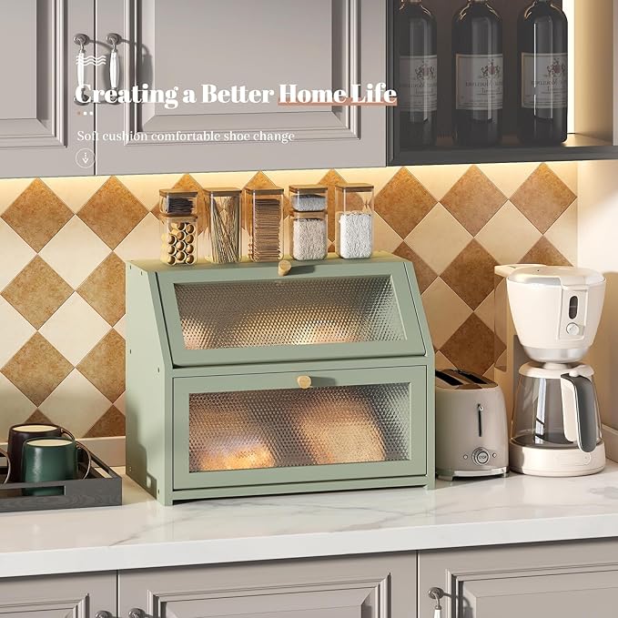 Bread Box for Kitchen Countertop Bin Double Layer Bread Box Storage Container Extra Large Capacity Farmhouse with Diamond Pattern Windows (Green, Large)