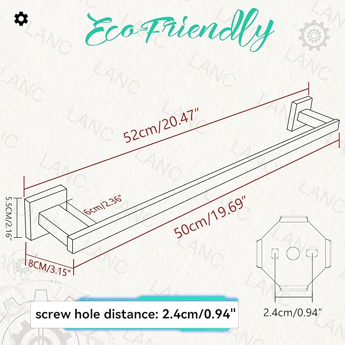 LANC Bathroom Towel Bar for Bathroom Wall Mounted 20-Inche 50CM Brushed Nickel Bath Towel Rack Stainless Steel Towel Rod for Toilet Kitchen Towel Holder Towel Hanger Towel Rail, A9010BN-L5
