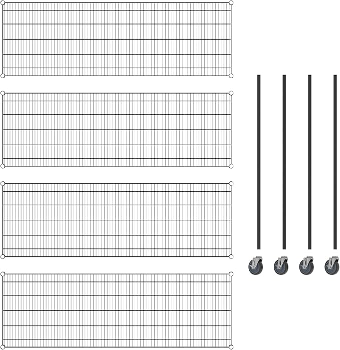 Commercial NSF Listed Black Epoxy Mobile Wire Shelving Kit 24" x 72" x 60", with 4 Shelves Perfect for Warehouse, Walk-in Refrigerator, Freezer, Grocery Store, Restaurant, Dishroom