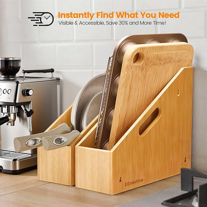 Slim Bamboo Cutting Board Holder & Baking Sheet Organizer, Open-Front Pan & Lid Rack with Handles, Countertop or No-Drill Wall Mount, Kitchen Cabinet & Pantry Organizer