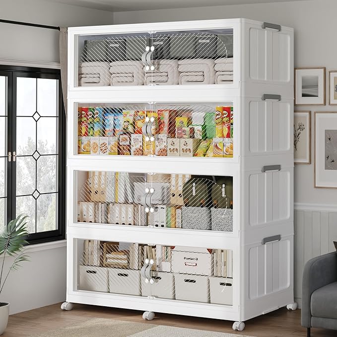 240Gal/960QT 4-Tiers Extra Large Stackable Storage Bins with Lid, Collapsible Cabinet Closet Organizer Plastic Container Box with Wheels Doors Drawers for Office Dorm Kitchen Office, White