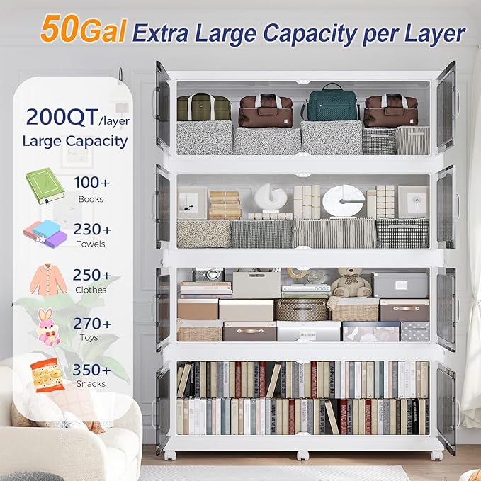 150Gal Extra Large Stackable Storage Bins with Lid, 600QT Foldable Collapsible Storage Box with Doors and Wheels, Plastic Closet Organizers Container Drawer for Bedroom Dorm Kitchen, 3Pack