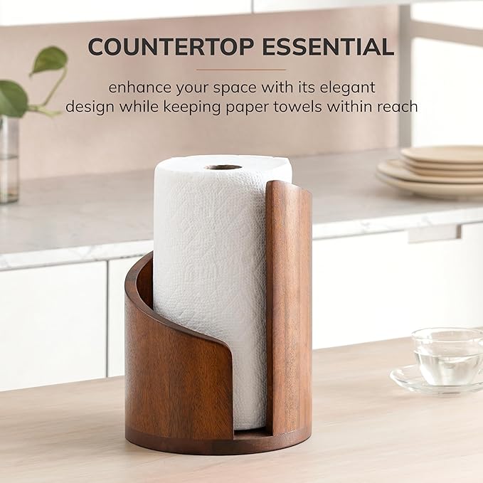 Anji Mountain Paper Towel Holder Countertop with Mango Wood Round Base and Iron Holder,Holder Stand for Kitchen Roll Organize,Wooden Paper Towel Holder for Kitchen Dining Table Home Decor