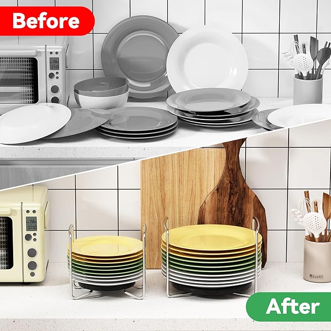Plate Holder for Kitchen Drawers - Bamboo Dish Racks for Kitchen Counter 2Pcs Black S&L - Adjust 6.75" to 12.5" Stainless Steel Plate and Bowl Organizer for Cabinet, RV, Countertop