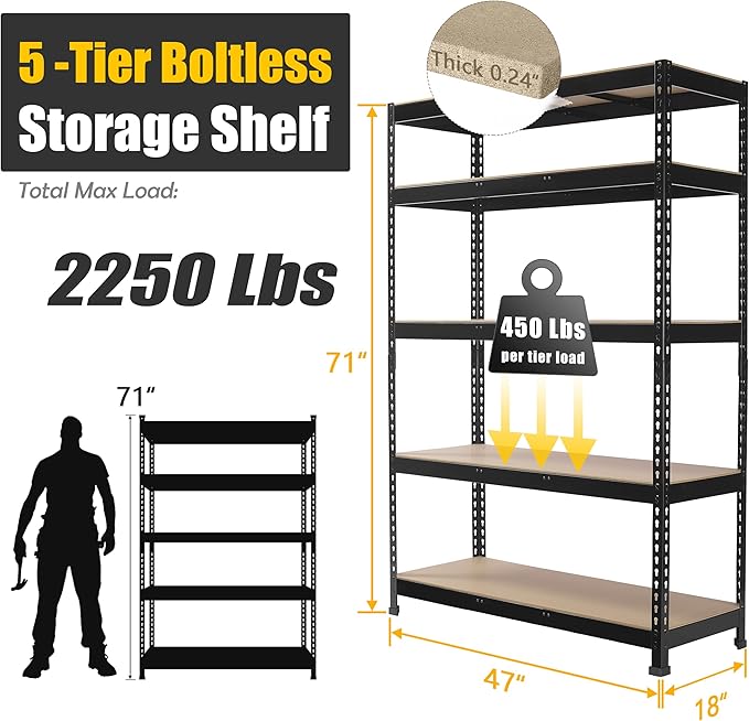PrimeZone 6 Pack Heavy Duty Storage Shelves - 47"W x 18"D x 71"H 5 Tier Adjustable Garage Storage Shelving, Metal Utility Rack Organizer Shelf Unit for Warehouse Pantry Closet Kitchen Basement, Black