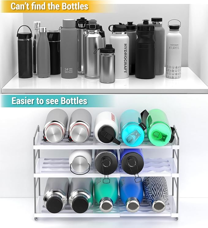 YAN & HIN Expandable Water Bottle Organizer for Cabinet, Tumbler Organizer, Water Bottle Holder for Kitchen Organization, Pantry Organizers, Refrigerator Organizers and Storage