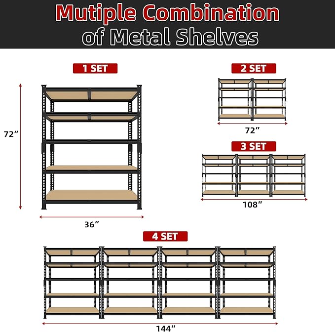 Heavy Duty Metal Storage Shelves - 36" W x 16" D x 72" H 5 Tier Adjustable Garage Shelving Unit, Industrial Utility Rack Shelf for Warehouse, Pantry, Kitchen, Black, 4 PCS