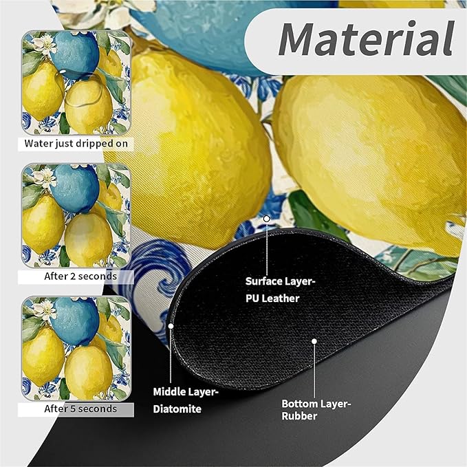 Kitchen Sink Splash Guard，Blue and yellow lemons Faucet Mat Sink Gadgets-Super Absorbent Fast Drying Mat Drip Catcher for Kitchen, Bathroom,Sink Mat, Dish Drying Mat, Bathroom(15" X 5.5" )