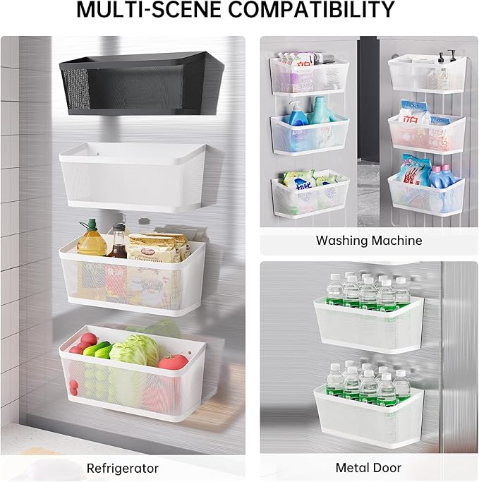 2-Pack Magnetic Shelves for Washing Machine, Heavy Duty Mesh Magnet Basket Organizer for Laundry Room Organization, Multi Metal Storage Shelf and Refrigerator Spice Rack Holder (White, Large)