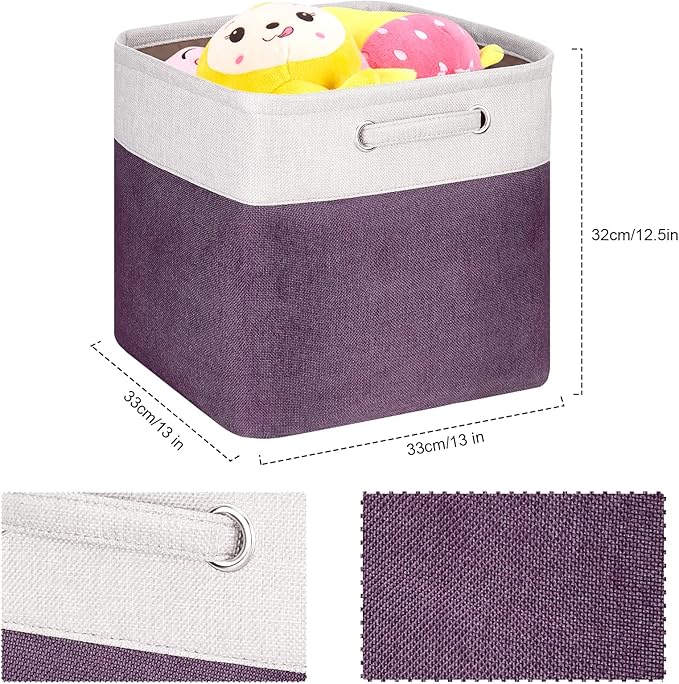 SYYOFUE 13 Inch Cube Storage Bins Purple - 3-Pack Purple Storage Cubes with Handles, 13x13x13 Fabric Storage Bins, Foldable Dark Purple Storage Baskets for Shelves, Cloth Organizer Cube Bins