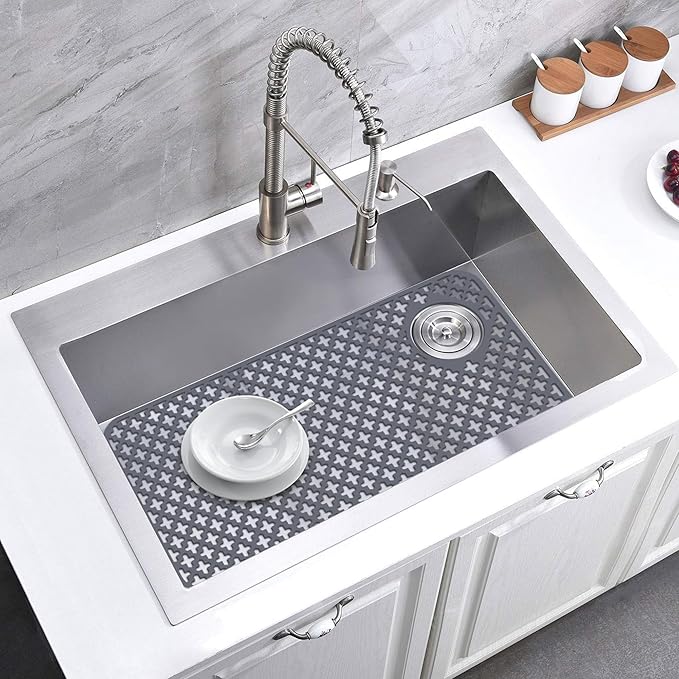 Flytime Silicone Kitchen Sink Protector Mat with Right & Left Drain, 28.35"x 14.37" Kitchen Snk Grid Accessory, Non-Slip Folding Heat-Resistant Mat for Bottom of Farmhouse Stainless Steel