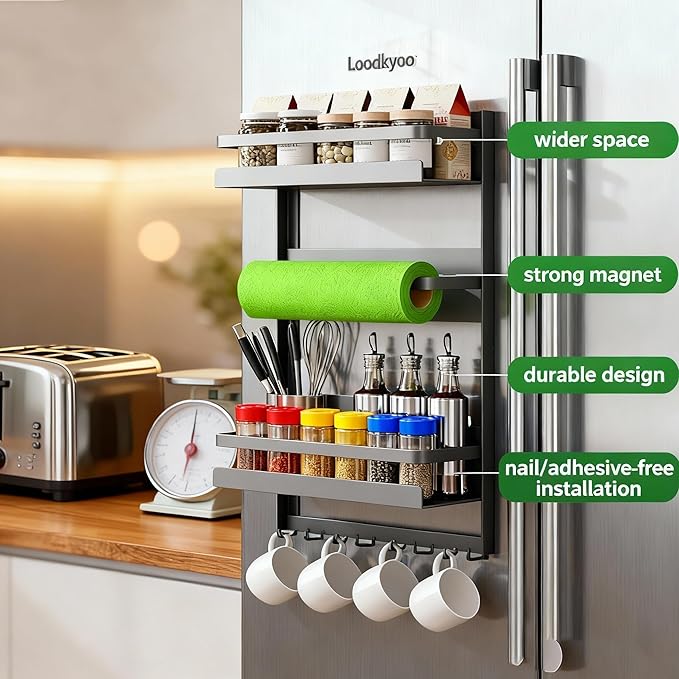 Magnetic Spice Rack for Refrigeratorwith 8-Hook, Magnetic Paper Towel Holder, with Strong Adhesion, Rust-Proof & Space-Saving Design for Kitchen, Bathroom(2 Tier Refrigerator Shelf)