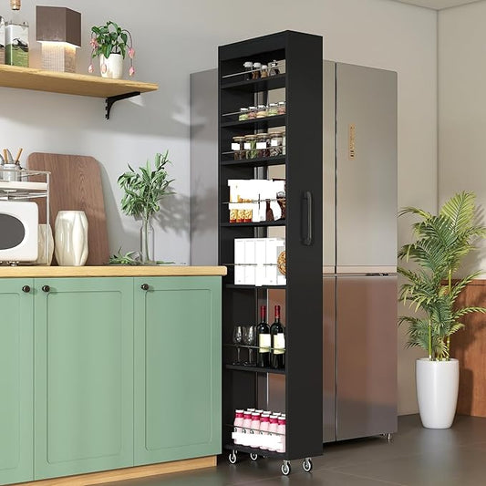 7-Tier Slim Pull-Out Storage Cart with Wheels – Multi-Functional Mobile Organizer, 7 Open Shelves + Top, Adjustable Height, Protection Bars, Perfect for Kitchen, Living Room & Narrow Spaces (Black)
