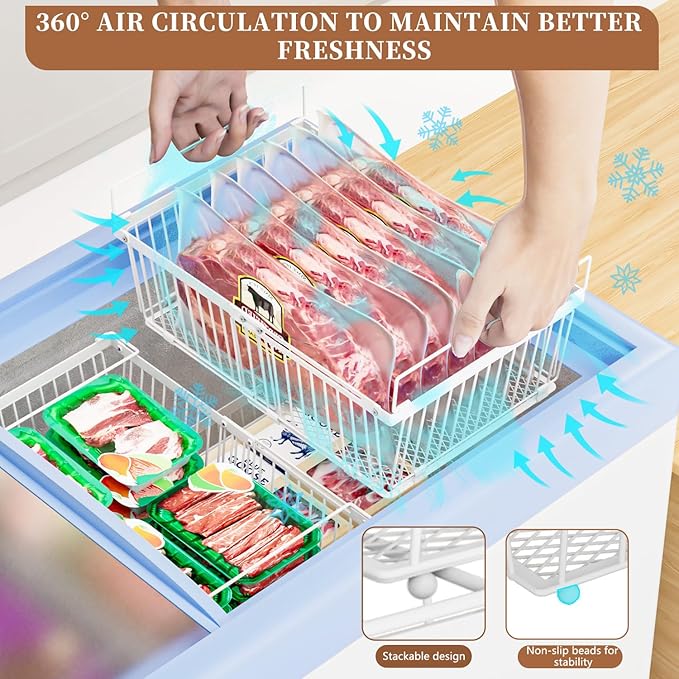 Large Freezer Organizer Bins，Upgraded Bottom Leak-Proof net，2 Pack， Expandable Stackable Chest Freezer Containers with Handle，for Fridge, Deep Freezer, Cabinet, Kitchen, Pantry (White-3Pack)