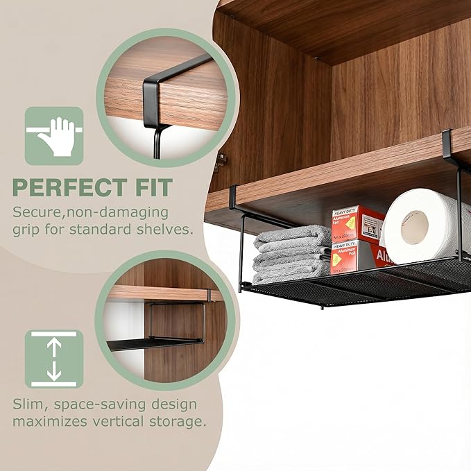 Foil and Plastic Wrap Organizer Holder Foldable Under Cabinet Shelf Kitchen Pantry Desk Hanging Storage Rack (Black)