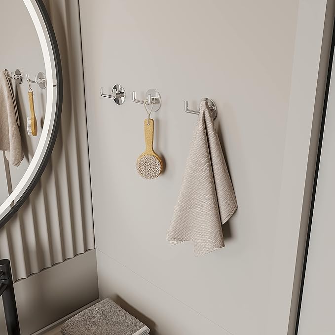 Ruacq Adhesive Double Towel Hook Chrome Round Base Bathroom Robe Self-Adhesive Towel Holder Hand Towel Hanger Stainless Steel and Zinc Alloy Modern Polished Chrome