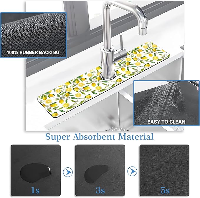 Lemon Fruit Faucet Mat Splash Guard Flower Leave Lemon, Soft Diatom Mud Material, Strong Water Absorption, Non-slip,Easy to Clean for Bathroom, Kitchen 23.5"X5.5"