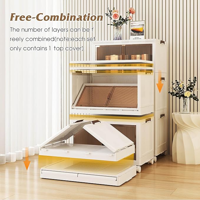 TUTURISLN 5 Tier Stackable Storage Bins Folding Collapsible with Lid 420Qt 105Gal/397L,Closet Organizers and Storage, Storage Box with Door Grey White