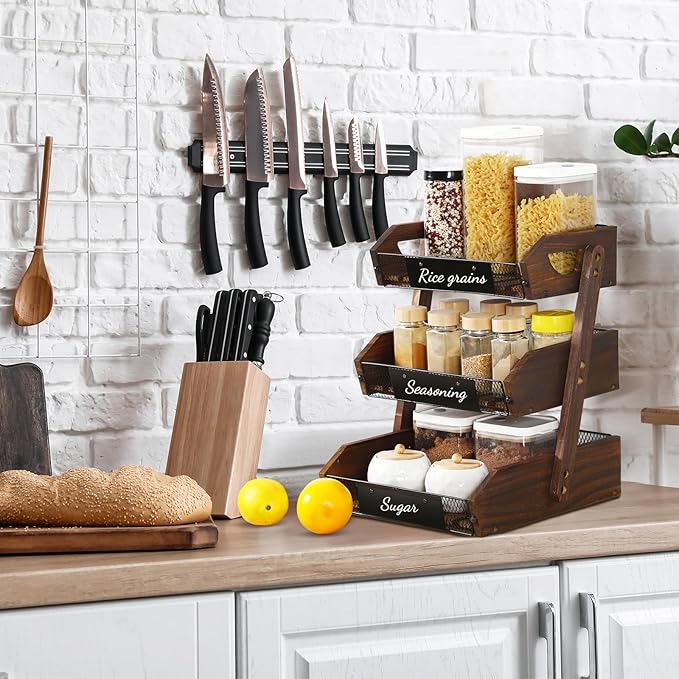 3 Tier Fruit Basket for Kitchen Counter Organizer with Banana Hangers Wooden Fruit Basket Kitchen Counter Storage Holder for Onion Potato Bread Vegetable Organize(11.7 x 12.5 x 15.7 Inches)