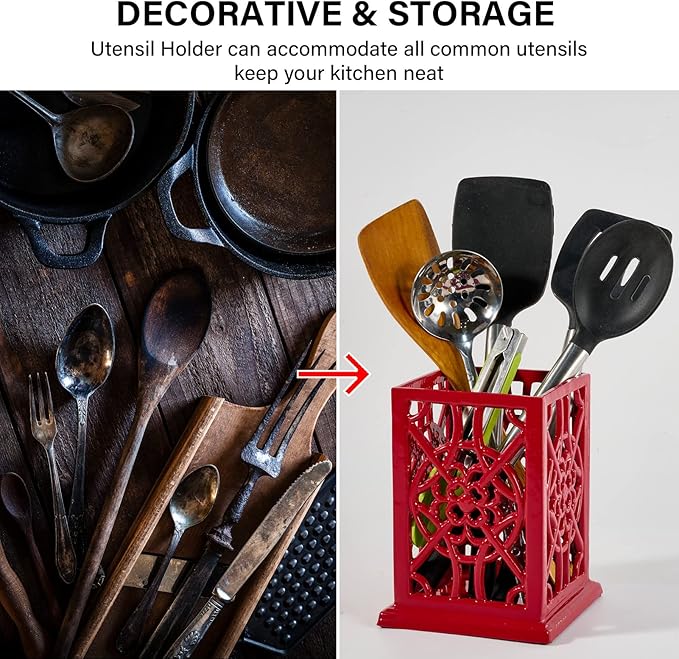 jogreful Utensil Holder, Cast Iron Kitchen Utensil Crock for Countertop, Extra Large Utensil Organizer with Weighted-Base, Housewarming Vintage Decor, Flower Pattern, Red
