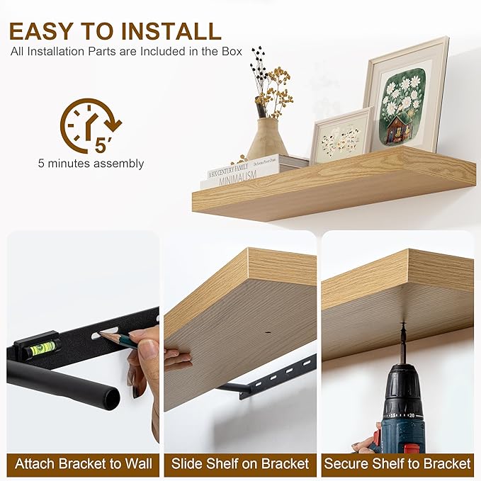 Fun Memories 55 Inch Fireplace Mantel - Long Floating Shelf, Wall Mounted Farmhouse Display with Invisible Heavy Duty Metal Bracket, Oak