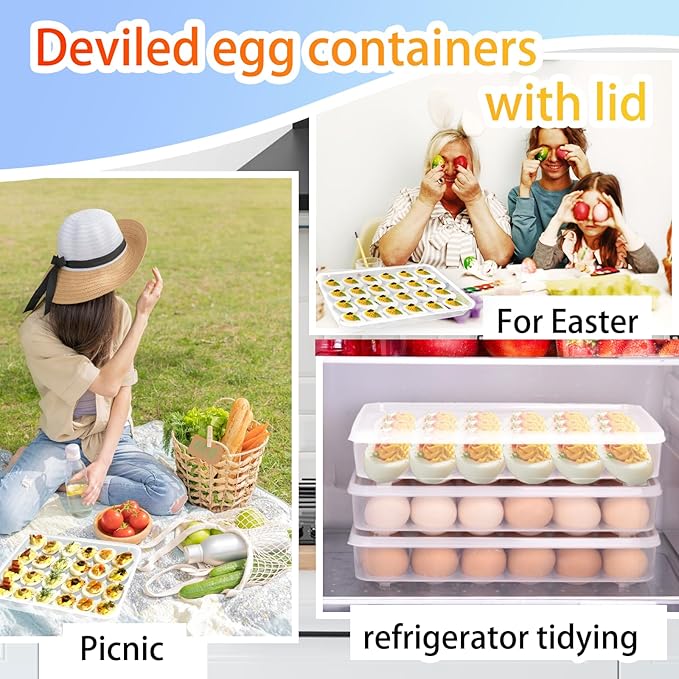 3 Pack Portable Deviled Egg Tray Carrier with Lid,Portable Egg Storage Container with Lid for 72 Eggs,Egg Holder for Refrigerator Egg Organizer,Easter Thanksgiving Party Home Kitchen Supplies