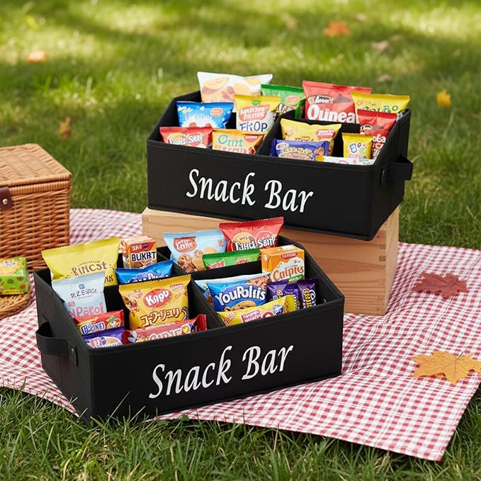 2 Pack Snack Organizer for Countertop, Fabric Snack Basket with Handles, 4 Compartment Snack Box Container, Snack Bar Station Decor, Kitchen Cabinet Pantry Organizer and Storage (Black)