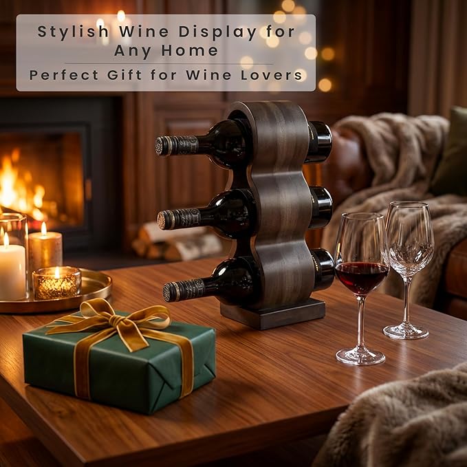 Wooden Wine Bottle Holder Countertop – Small Wine Rack for 3 Bottles, Vertical Tabletop Wine Rack Stand, Decorative Bottle Rack Wine Storage Organizer for Kitchen, Bar Decor, Wine Lover Gift
