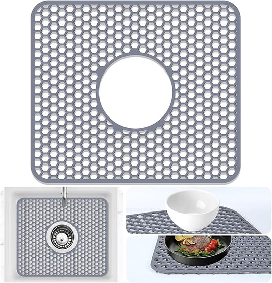 Sink Protectors Mat - 13.58"x11.6" Kitchen Sink Pad for Bottom of Basin for Protection of Stainless Steel and Tableware, Farmhouse Rubber Basin Mat Protector with Center Drain - Light Gray
