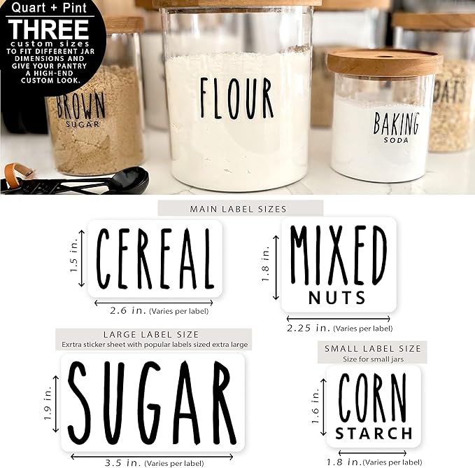 QUART + PINT 155 Kitchen Pantry Labels for Containers. Preprinted Clear Handwritten Stickers with Black Text. Waterproof Vinyl Stickers. Organization Labels for Jars Canisters & Home Storage Bins.