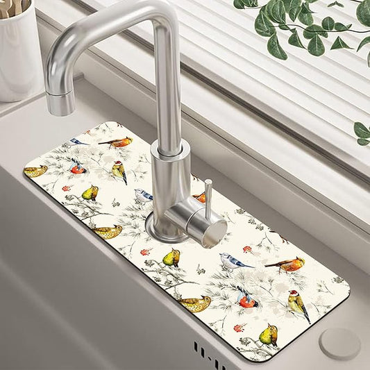 Vintage Watercolor Birds Dish Drying Mat for Kitchen Sink Splash Guard Behind Faucet Sink Mat Absorbent Fast Drying Faucet Draining Mat for Bathroom Kitchen 5.5"×15"