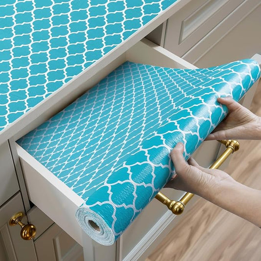 Shinlendid Shelf and Drawer Liner for Kitchen Cabinets Non-Adhesive, Strong Grip Non-Slip Thickened Cabinet Liners for Shelves, Waterproof Mats for Dresser Cupboard, Green/White, 12 in x 10 Feet