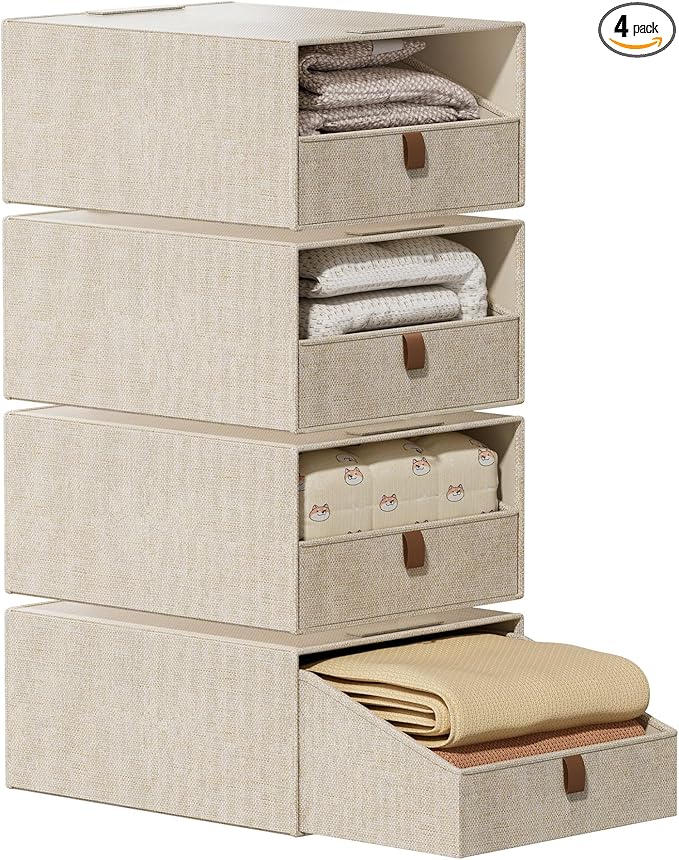 4-Pack Storage Bins with Drawers Large Closet Organizers and Storage Stackable Fabric Clothes Storage Box Collapsible Closet Drawers Organizer for Bedroom Living Room Under Bed (Beige, 21L*4)