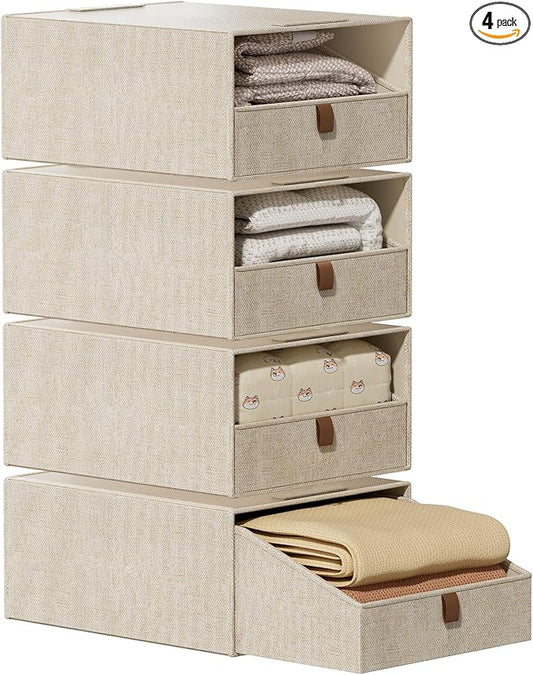 4-Pack Storage Bins with Drawers Large Closet Organizers and Storage Stackable Fabric Clothes Storage Box Collapsible Closet Drawers Organizer for Bedroom Living Room Under Bed (Beige, 21L*4)
