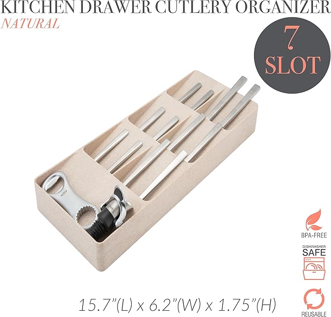 Kitchen Details 7 Slot Cutlery Drawer Organizer | Utensil Tray | Silverware Holder | Knife Spoon Fork | Flatware Storage & Organization | Natural