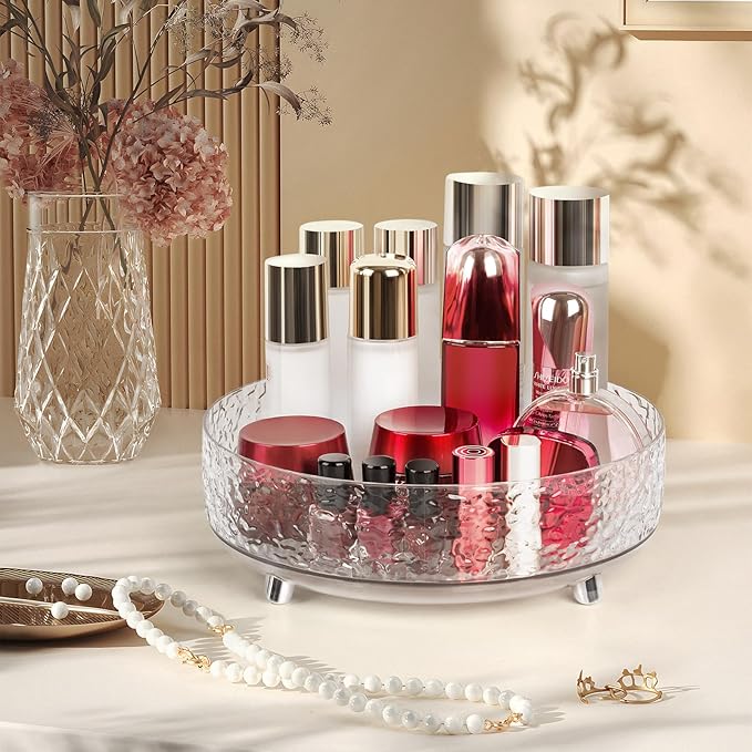 360° Rotating Makeup Organizer, 11'' Lazy Susan Perfume Organizer Tray, Spinning Skincare Cosmetics Storage Organizer for Vanity, Dresser and Bathroom Countertop (Clear)
