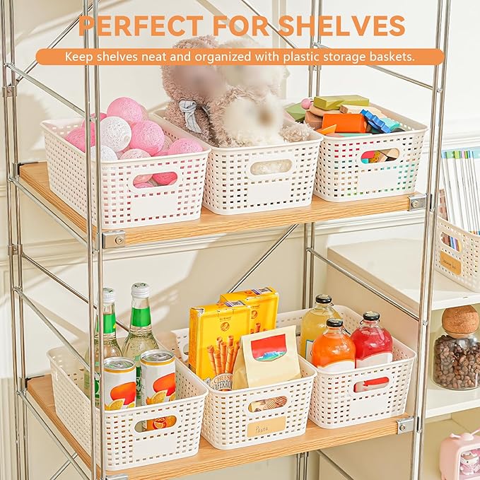 12 Pack Plastic Storage Baskets for Organizing, Storage Baskets with Handles, Plastic Storage Bins with Labels, Organizer Baskets for Kitchen, Pantry Organizers and Storage,Cabinet,Closet