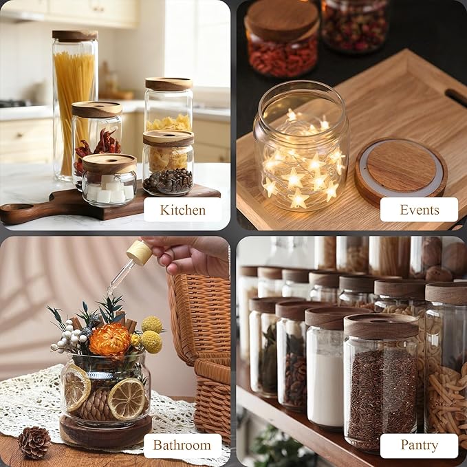 Glass Jars with Airtight Wood Lids - 25 OZ / 750 ML Kitchen Pantry Storage Containers, Decorative Canister for Chia Seed, Coffee Bean, Sugar, Spice, Cereal, Oats, Cookie, Candy, Tea, Nuts, Set of 2