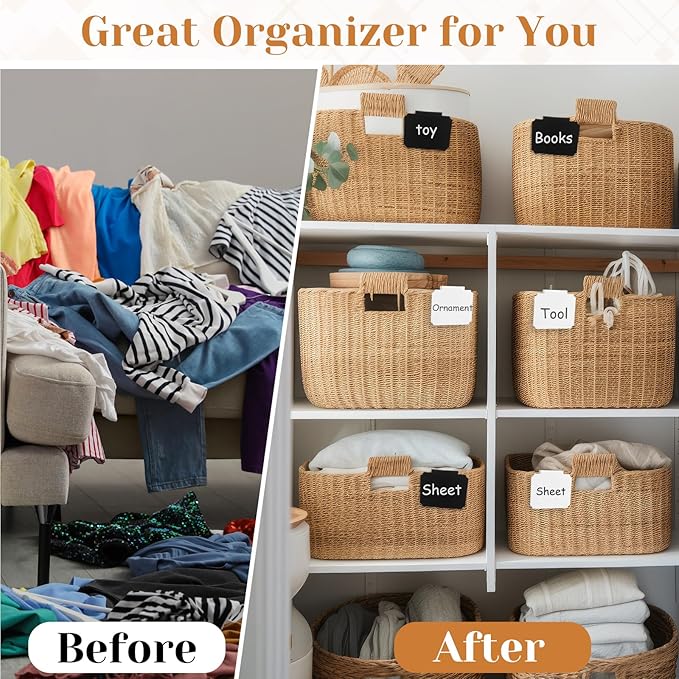 YooNotee 50 Pcs Basket Labels Clip on with 4 Black Chalk Markers Reusable Plastic Storage Bin Erasable Labels Kitchen Pantry PVC Tag Stickers for Fabric Cubes Basket Box Organization (White and Black)